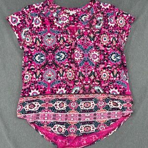 Lucky Brand Boho Paisley Floral Top Size L Blue Pink V-Neck Short Sleeve